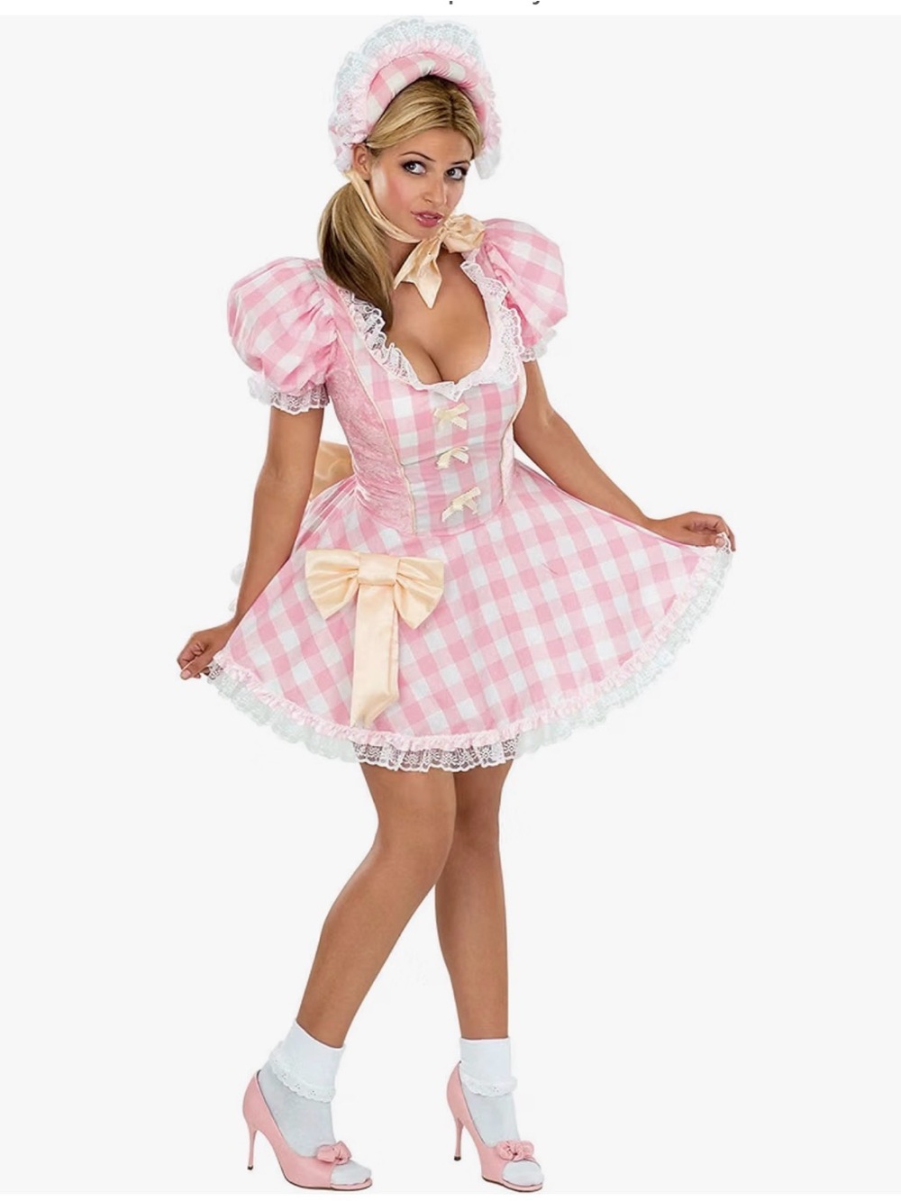 Bo Peep Sassy Adult Costume Bo Peep Pink Gingham Bonnet Hat Secret Wishes Women'